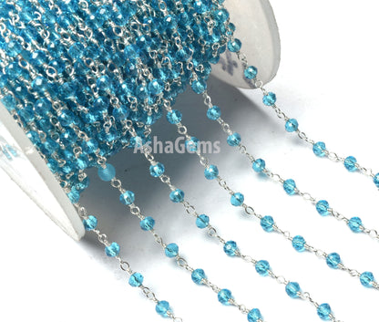Beautiful Blue Topaz Hydro Faceted Rondelle Beads Rosary Chain 3-3.5 mm Rosary handmade Beaded Chains Roll Wire Wrap Jewelry Making Necklace Crafts