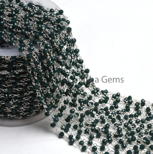 1,3,5,10,50 Ft Green Emerald Hydro Faceted Rondelle Beaded Rosary Chain,Silver,Rose Gold Plated Wire,Jewelry Making Finding,Chain 3-3.5mm