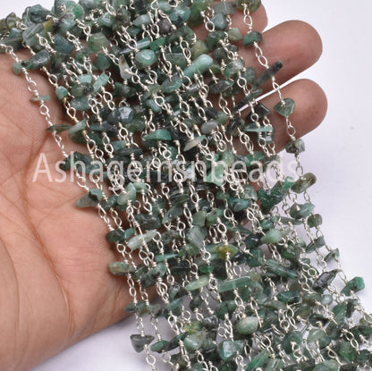 Natural Green Malachite Uncut Chip Beads Rosary Chain Silver, Gold Plated Wire Bulk roll chain Wholesale Beaded Rosary For Necklace Jewelry