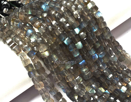 Natural Flash Labradorite Faceted 3D Cube Box Beads,7" Strand Blue Fire Labradorite Cube Beads 4.5-5 mm Black rainbow Box Beads Jewelry SALE