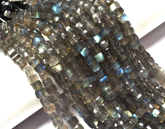 Natural Flash Labradorite Faceted 3D Cube Box Beads,7" Strand Blue Fire Labradorite Cube Beads 4.5-5 mm Black rainbow Box Beads Jewelry SALE