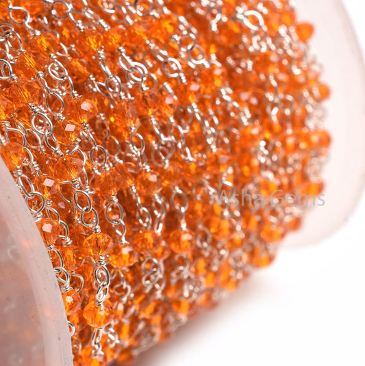 Fanta Orange Hydro Faceted Rondelle Beads Rosary Chain,3 mm Carnelian Color Hydro Silver Plated Chain Jewelry Making Crafts Wire Wrap Chains