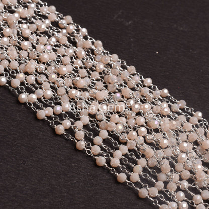 Silver Plated 3,5,10,25Ft,Pink Opal Hydro Coated Rondelle Faceted Beaded Rosary Chain Wire Bulk Roll Finding Chain 3-3.5mm Bead Rosary Chain