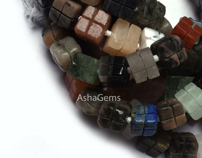 Multi Color Gemstone Carving box Shape beads,9" Strand Mix Color Stone carved 3D Cube beads Disco Beads, Multi Disco carve Bead Jewelry SALE