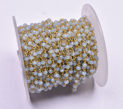 3,5,10,25 Feet,Blue Chalcedony Hydro Faceted Rondelle Beads Rosary Chain,3-3.5mm Gold Plated Wire Jewelry Making Finding Bulk Roll Chain