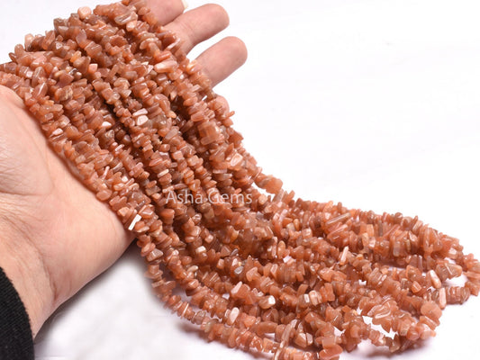 Dark Peach Moonstone Uncut Chip Gemstone Beads, 17,34" Strand Natural Moonstone Smooth raw Rough Beads, Fine Quality Moonstone Beads Jewelry
