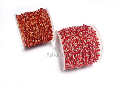 Fine Red Garnet Hydro Faceted Micro Cut Rondelle Beads Rosary Chain,3-3.5mm Silver Gold Plated Wire Wrap Jewelry Making Chain Rosary Crafts