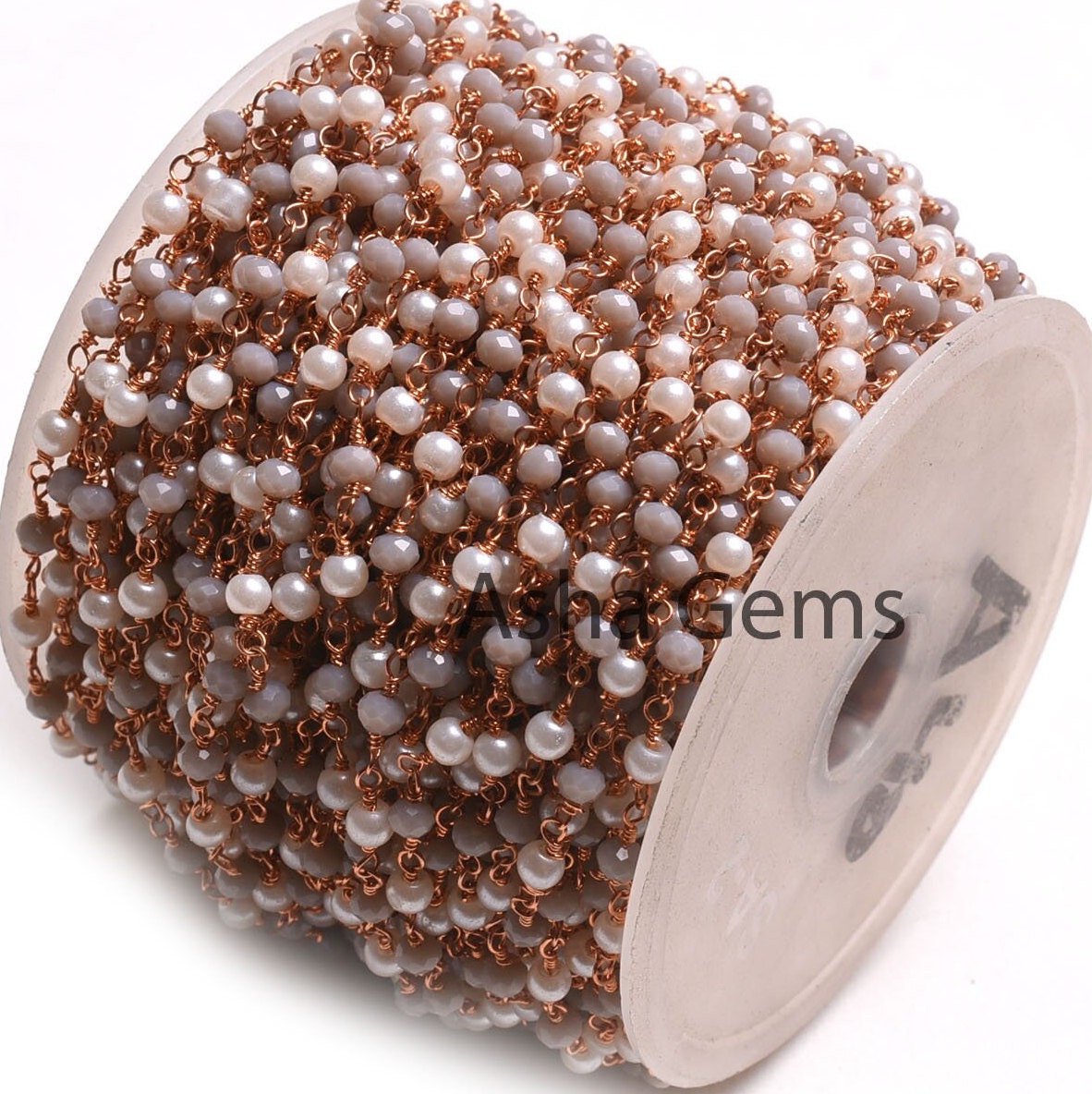 Rose Gold Plated White Pearl Grey Moonstone Hydro Beads Rosary Chain, Faceted Rondelle Beads Wire wrapped Bulk Rosary Chain, Jewelry Making