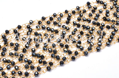 AAA Black Spinel Hydro Silver Coated Faceted Rosary Chain,3 mm Beaded Gold Plated Wire Wrap Rondelle handmade Chain Jewelry Making Craft SALE