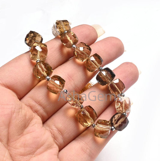 Beautiful Bear Quartz Faceted 3D Cube Box Beads,8.5-10.5mm Lemon Yellow Brown Bear quartz Cube Gemstone Beads, AAA Bear quartz Beads Jewelry