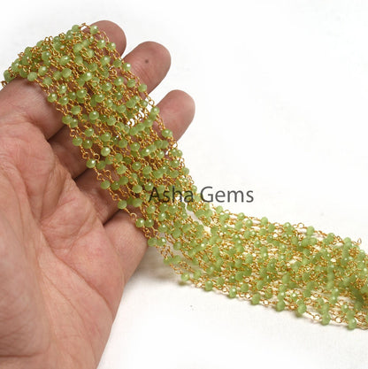 Beautiful Green Quartz Hydro Faceted Rondelle Beads Rosary Chain By Foot,3mm Gold Plated Wire Wrap Jewelry making Handmade Rosary Chain SALE
