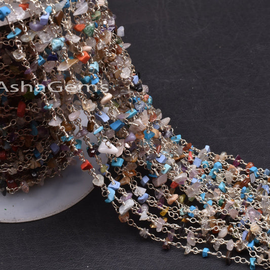 Natural Multi Disco Uncut Chips Rosary Chain silver Plated Wire Bulk Roll, multi Color Gemstone Beads Chain Beaded Rosary Chain By Foot SALE