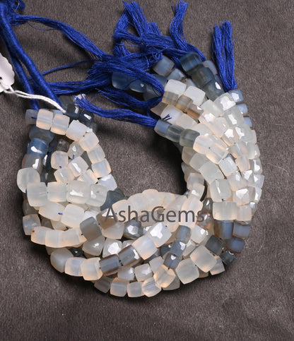 Fine Quality Shaded White Grey Chalcedony Faceted 3D Cube Box Gemstone Beads,8" Chalcedony Box Shape Indian Cut Chalcedony Bead Jewelry SALE