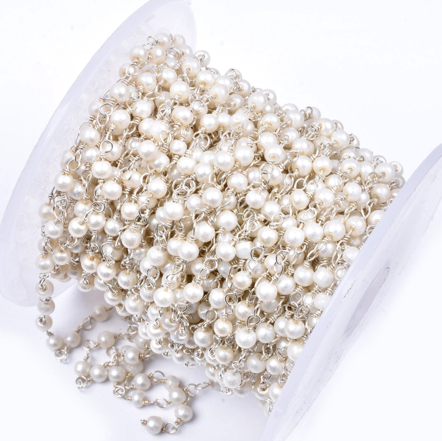 SALE 3,5,10,25 Ft White Pearl Hydro Faceted Rondelle Beaded Rosary Chain Silver Plated Wire,Jewelry Making Finding,Wire Wrapped Chain 3-3.5