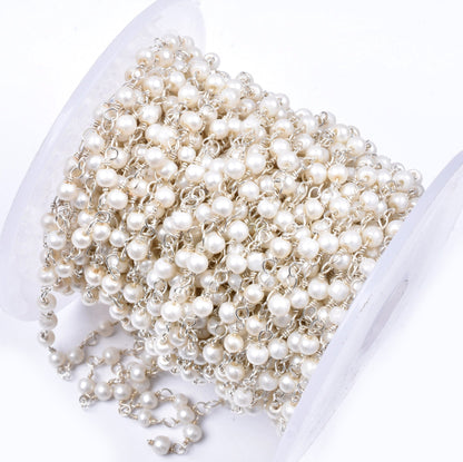 SALE 3,5,10,25 Ft White Pearl Hydro Faceted Rondelle Beaded Rosary Chain Silver Plated Wire,Jewelry Making Finding,Wire Wrapped Chain 3-3.5