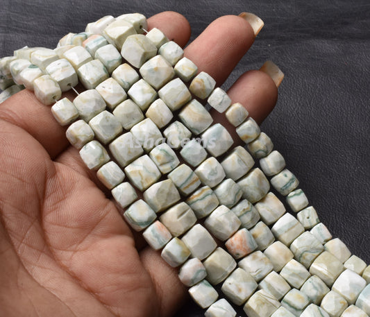 Beautiful Green Dot Opal Faceted Box Shape Beads,8" Strand Natural Opal 3D Cube Box Beads, Opal Faceted Cube Beads For Jewelry Making Crafts