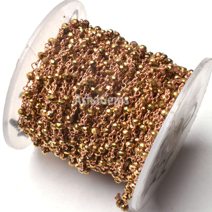 3,5,10,50 Feet Gold Pyrite Hydro Faceted Rondelle Beaded Rosary Chain,3mm,Rose Gold Plated,Wire Wrapped ,Finding,Jewelry Making,Rosary Chain