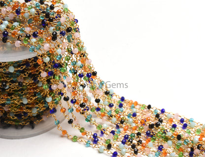 Beautiful Multi Disco Hydro faceted Rondelle Bead Rosary Chain, Mix Color Bead Gold Plated Wire Wrap Rosary Chain By Feet Jewelry Craft SALE