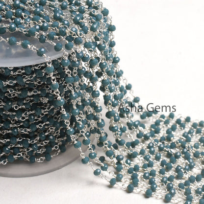 1,5,25, Ft Chain, Light Neon Blue Apatite Hydro Silver Plated Rosary Chain, Faceted Micro Cut Beads Chain Wire Bulk Finding Chain Jewelry