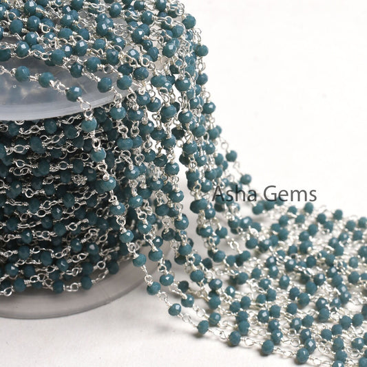 1,5,25, Ft Chain, Light Neon Blue Apatite Hydro Silver Plated Rosary Chain, Faceted Micro Cut Beads Chain Wire Bulk Finding Chain Jewelry