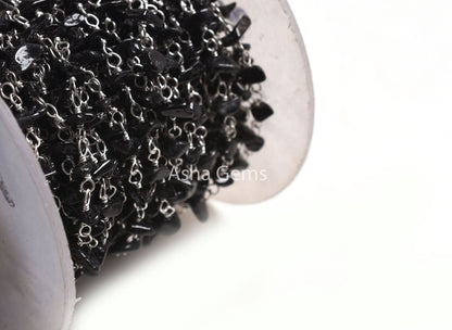 1,3,5,25 Foot, Natural Black Tourmaline uncut Chip Beads Rosary Chain Silver Plated wire Bulk Roll Tourmaline Beaded Rosary Chain For Crafts
