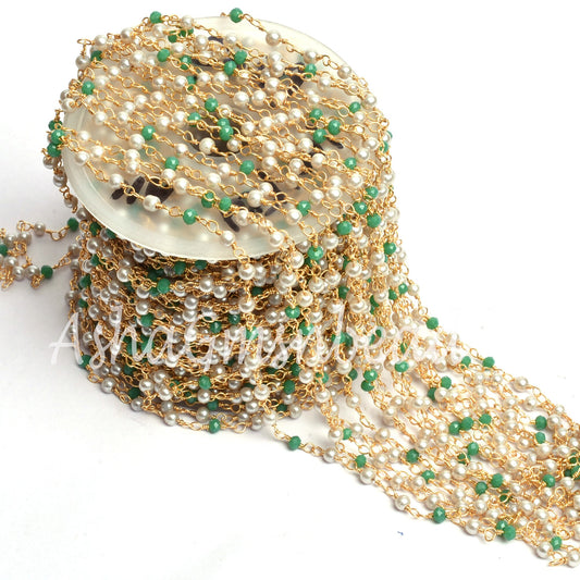 1,3,10,50 Feet Chain Beautiful Multi Color Rosary Chain Pearl Emerald Hydro Faceted Rondelle Beads Chain Gold Plated Wire Wrap Chain Jewelry