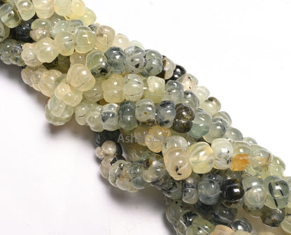 Shaded Moss Green Prehnite Carving Watermelon Beads, natural Moss Prehnite handmade Uneven Carve Pumpkin Gemstone Melon Beads Jewelry Crafts