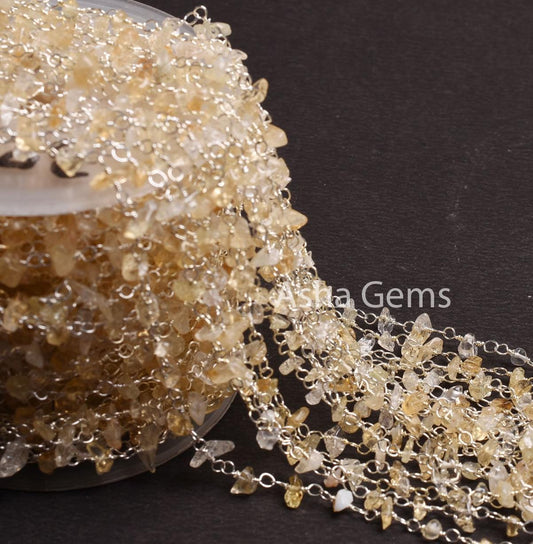 Natural Citrine Quartz Uncut Chip Beads Rosary Chain Silver Plated Wire Wrap Beaded handmade Chains,Gemstone Nugget Chain Jewelry Craft SALE