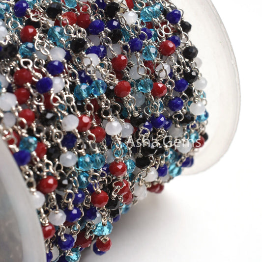 1-50 Feet Multi Color Beads Rosary Chain, Silver Plated Wire Wrap Hydro Disco faceted Rondelle Beaded handmade Chain Jewelry making Necklace