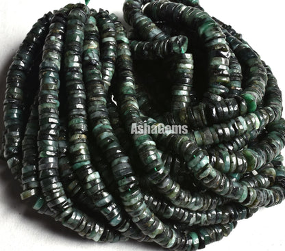 16" Strand Beautiful Emerald Smooth Heishi Tyre Beads/ Natural Shaded Green Emerald Plain Wheel Shape Beads, Emerald Beads For Jewelry craft
