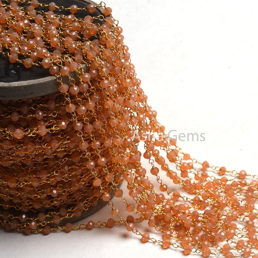 4 mm AAA Peach Moonstone Hydro Faceted Rondelle Beads Rosary Chain, Gold Plated Wire Wrap micro cut Beaded Handmade Chain Jewelry Craft SALE