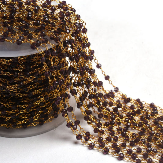 Fine Purple Amethyst Hydro Faceted Beads Rosary Chain 3mm Gold Plated wire wrap handmade beaded Purple Crystal Chain Jewelry Making Necklace