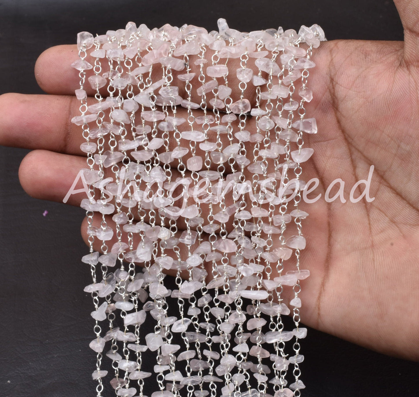 3,5,10 Feet Natural Rose Quartz Uncut Uncut Rosary Chain, Pink rose Quartz Smooth Beads Chain, Silver Plated Chain, Finding, Wholesale Chain