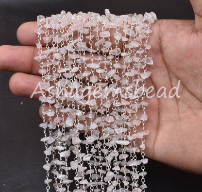 3,5,10 Feet Natural Rose Quartz Uncut Uncut Rosary Chain, Pink rose Quartz Smooth Beads Chain, Silver Plated Chain, Finding, Wholesale Chain