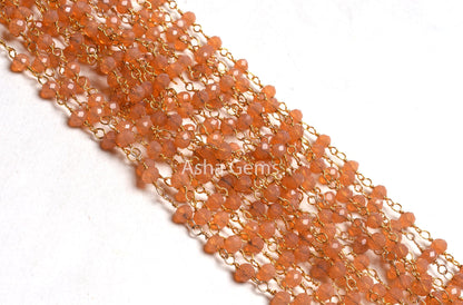 4 mm AAA Peach Moonstone Hydro Faceted Rondelle Beads Rosary Chain, Gold Plated Wire Wrap micro cut Beaded Handmade Chain Jewelry Craft SALE