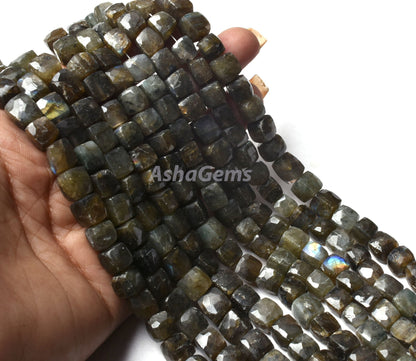 Multi Flash Labradorite Faceted 3D Cube Box Beads, Labradorite Beads,8" Black Rainbow Cube Box Beads Gemstone Faceted Box Shape Beads Craft