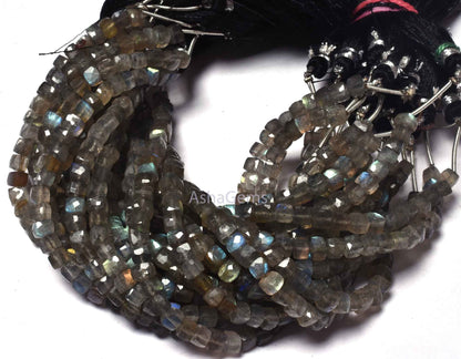 7" Strand labradorite Box Shape Beads, Natural Fire Labradorite Faceted 3D Cube Box Beads,4.5-5mm Black Rainbow cube Beads For Jewelry Craft