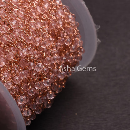Beautiful Light Pink Quartz Hydro Faceted Rondelle Beads Rosary Chain Rose Gold Plated Copper Wire Wrap handmade Beaded Chain Jewelry Making