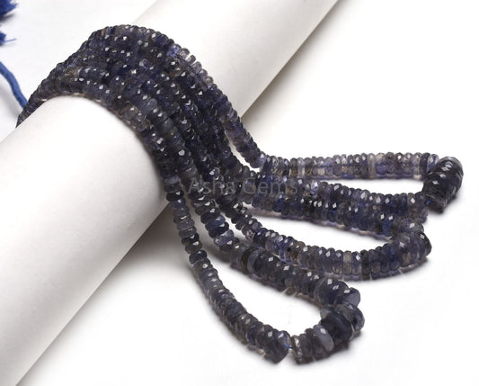 Natural Iolite Faceted Indian Cut Flat Tyre Beads,18" Strand Graduation Size Iolite Beads,Fine Blue Iolite Heishi Tyre Gemstone Bead Jewelry