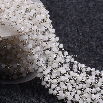 4mm White Moonstone Hydro Micro Cut Beads Rosary Chain Silver Plated Wire Wrap Beaded White Crystal handmade Chain Rosary Jewelry Craft SALE