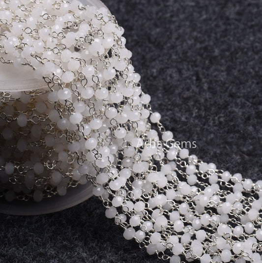 4mm White Moonstone Hydro Micro Cut Beads Rosary Chain Silver Plated Wire Wrap Beaded White Crystal handmade Chain Rosary Jewelry Craft SALE