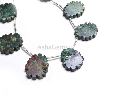 Natural Green Agate Jasper Flat Rough Slice Carving Handmade Beads, Jasper Uneven Raw Polish Gemstone Carve Side Drill Beads Jewelry Crafts