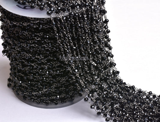 3,5,10,25,50 Feet, Gunmetal Black Spinel Hydro Faceted Rondelle Beaded Rosary Chain Jewelry Making Finding Wire Wrapped Chain,4mm,Chain Sale