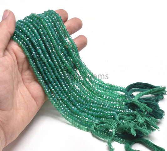 AAA Green Onyx Indian Machine Cut Gemstone Loose Beads,13"Strand Green Onyx Faceted Rondelle Shape Beads, Green Onyx Bead Jewelry Craft SALE