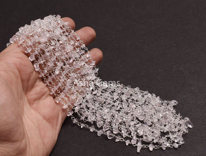 3,5,10 Feet Natural Rose Quartz Uncut Uncut Rosary Chain, Pink rose Quartz Smooth Beads Chain, Silver Plated Chain, Finding, Wholesale Chain