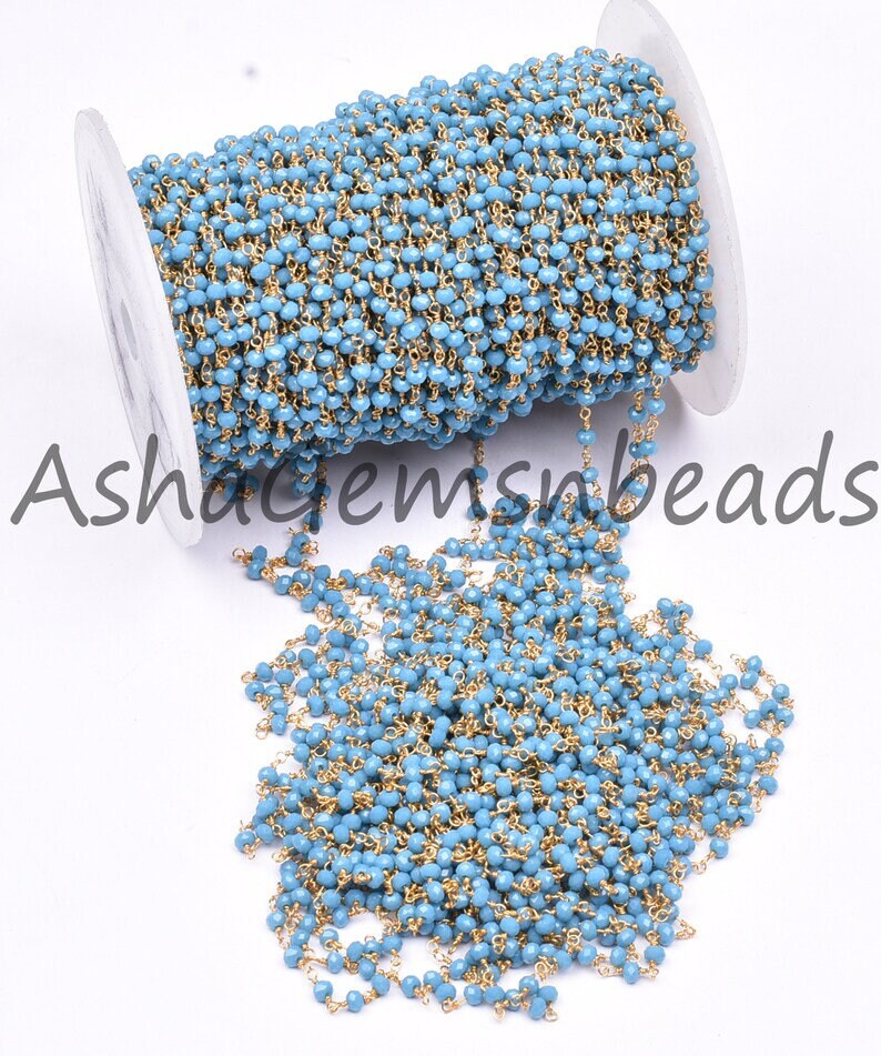Beautiful Blue Turquoise Hydro Faceted Beads Rosary Chain,3 mm Gold Plated Wire Wrap Chain Jewelry Making Beaded Rosary Chains Handmade SALE