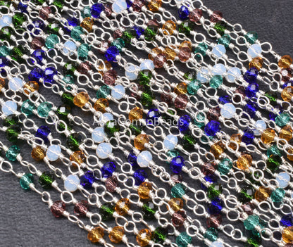 Beautiful Multi Color Disco Hydro Beads Rosary Chain By Feet, Mix Color Micro Cut Rondelle Chain Silver Plated Wire Wrap Chain Jewelry Craft