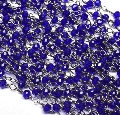 Royal Blue Quartz Hydro Faceted Beads Chain 1-50 Feet Black Metal Plated Wire Chain, 3-3.5 mm Gunmetal Jewelry Making Rosary Chain