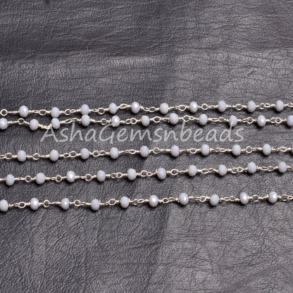 Grey Moonstone Hydro Rondelle Faceted Beads Rosary Chain Silver Plated Wire Wrap Jewelry Making Chains 3-3.5mm Bulk Roll Chain Necklace SALE
