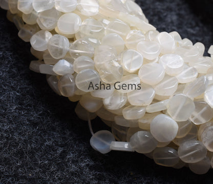 Natural White Moonstone Smooth Coin Flat Gemstone Beads,13" Moonstone Handmade Uneven Shape Coin Straight Drill Bead, Moonstone Bead Jewelry